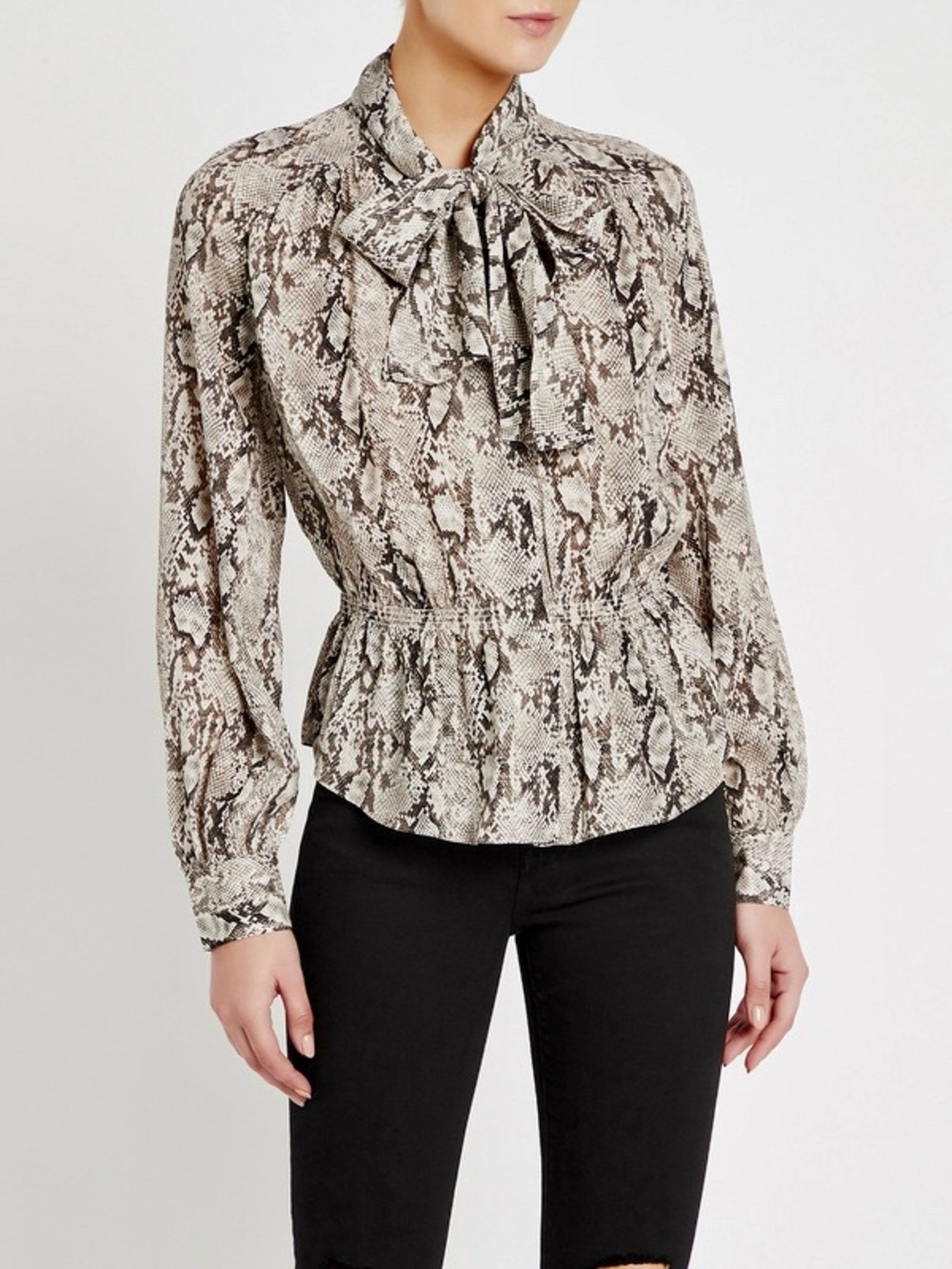FRAME 100% Silk Snake-Print Tie-Neck Blouse - Black Grey Classy Button Down Top